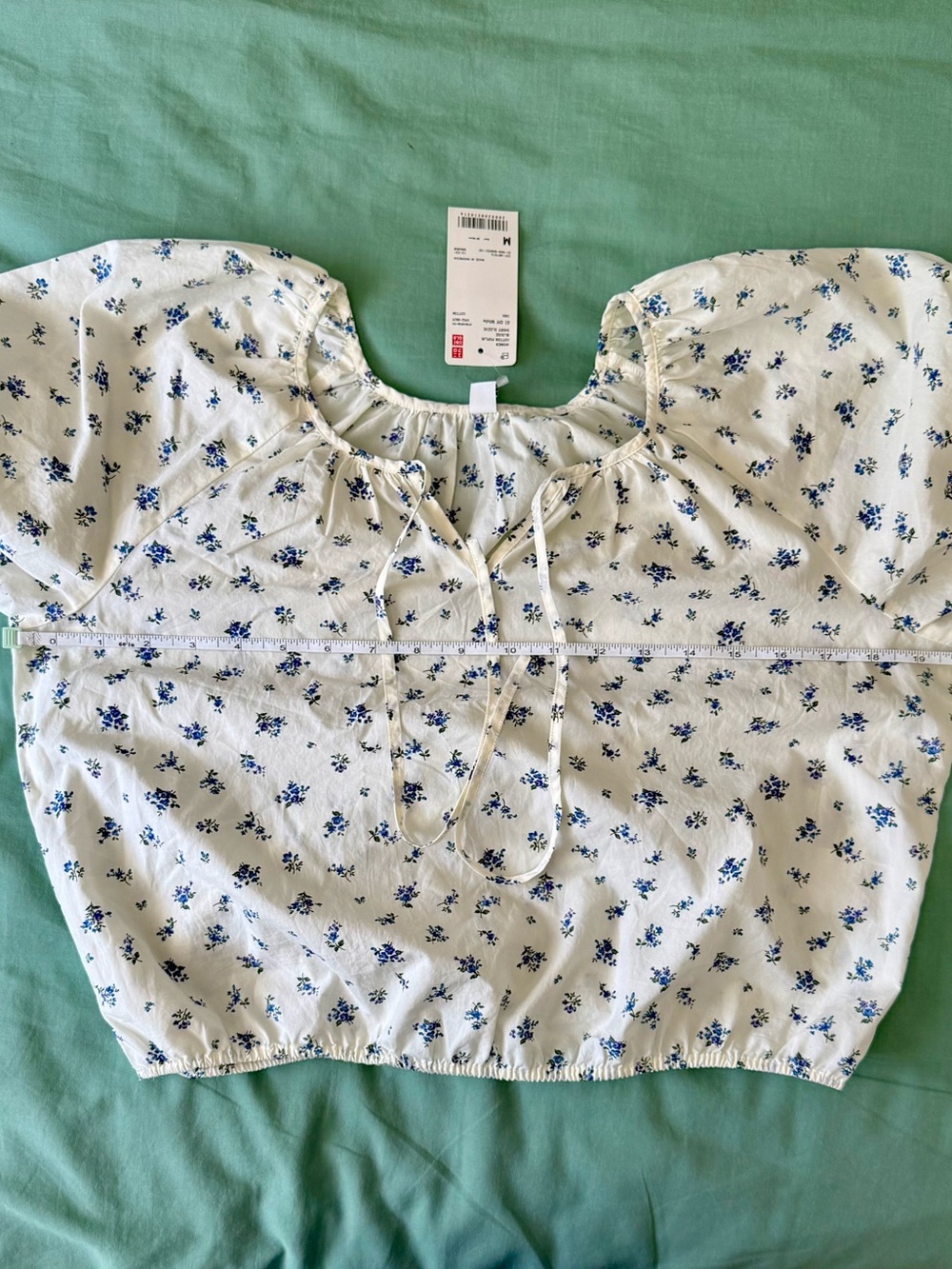 Uniqlo Cream Crop Top with Blue Floral Motif